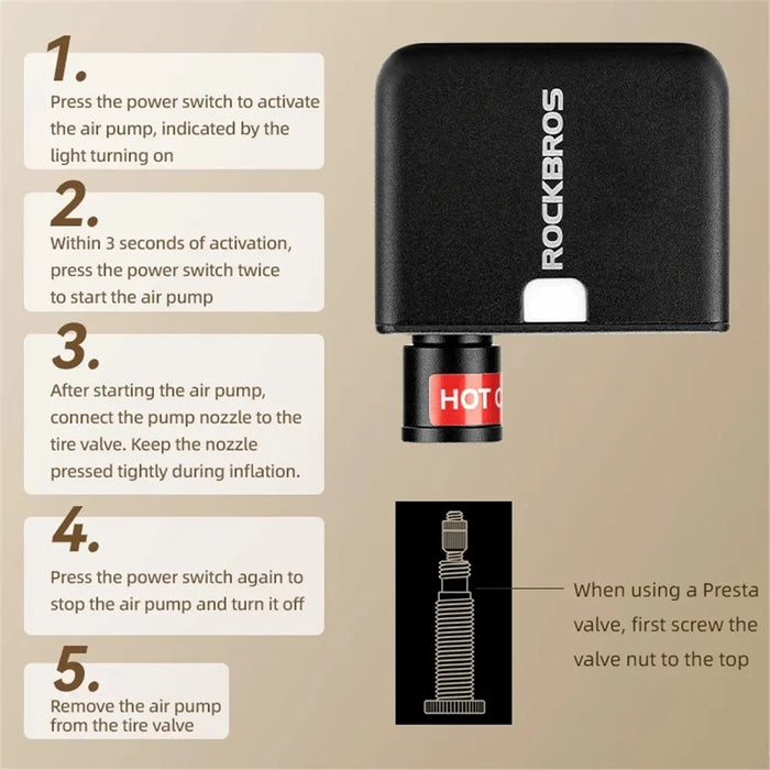 ROCKBROS AS1 Mini Electric Air Pump Portable High Pressure FV / AV Nozzle Road Mountain Bike Inflator Pump - 5