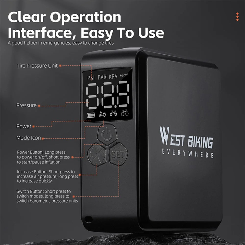 WEST BIKING YP0711160 Electric Air Pump Digital Display Wireless Car Motorcycle Bike Tire Inflator - 4