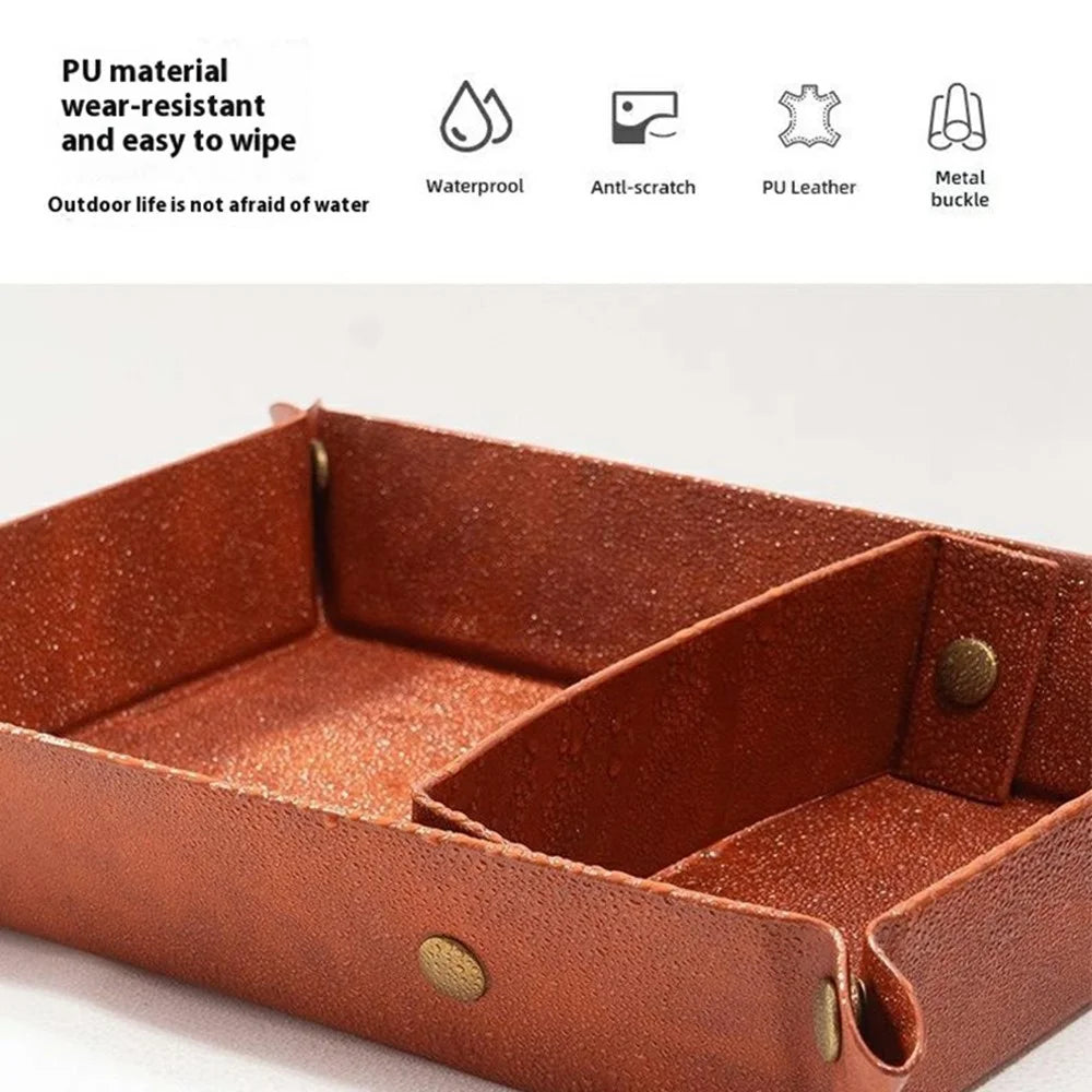 CLS Portable Outdoor PU Leather Sundries Organizer Folding Storage Tray for Camping BBQ - Brown - 3