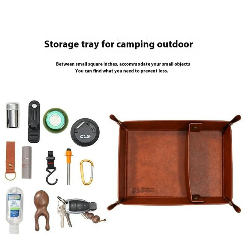 CLS Portable Outdoor PU Leather Sundries Organizer Folding Storage Tray for Camping BBQ - Brown - 4