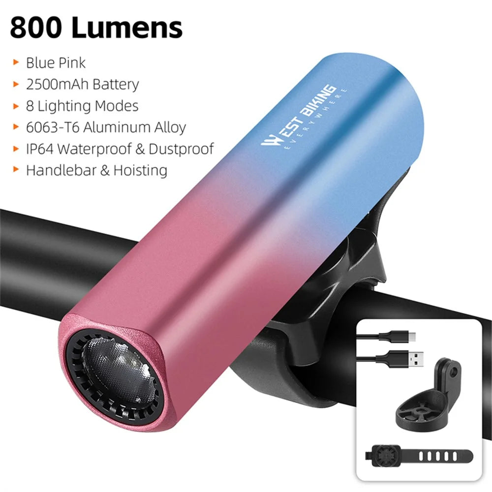 WEST BIKING YP0701444 800LM Bright Bicycle Headlight Aluminum Alloy Bike Front Light (CE Certified) - Blue + Pink Gradient - 2
