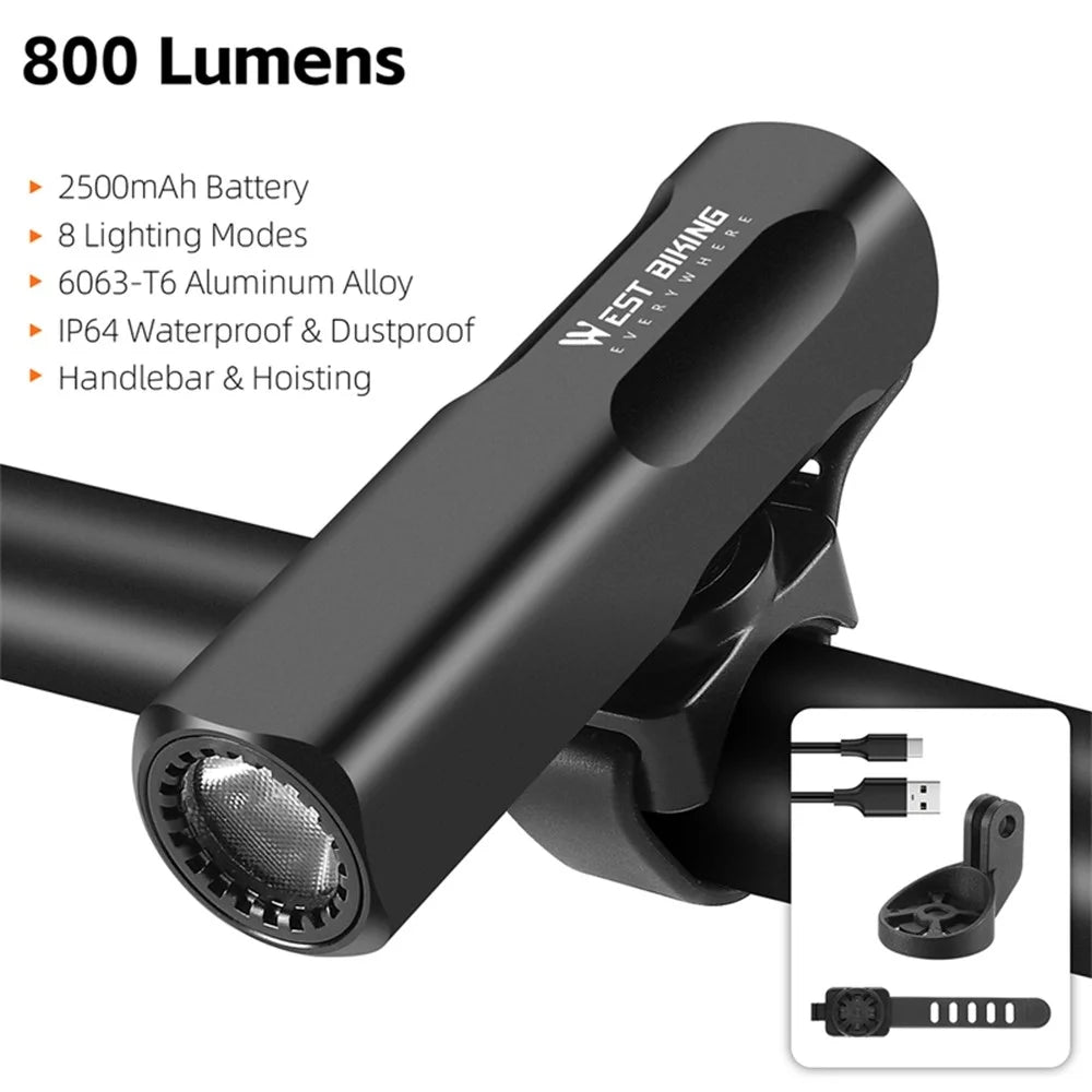 WEST BIKING YP0701444 800LM Bright Bicycle Headlight Aluminum Alloy Bike Front Light (CE Certified) - Black - 3