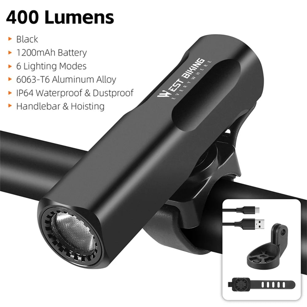 WEST BIKING YP0701442 400LM Bright Bicycle Headlight Aluminum Alloy Bike Front Light (CE Certified) - Black - 3