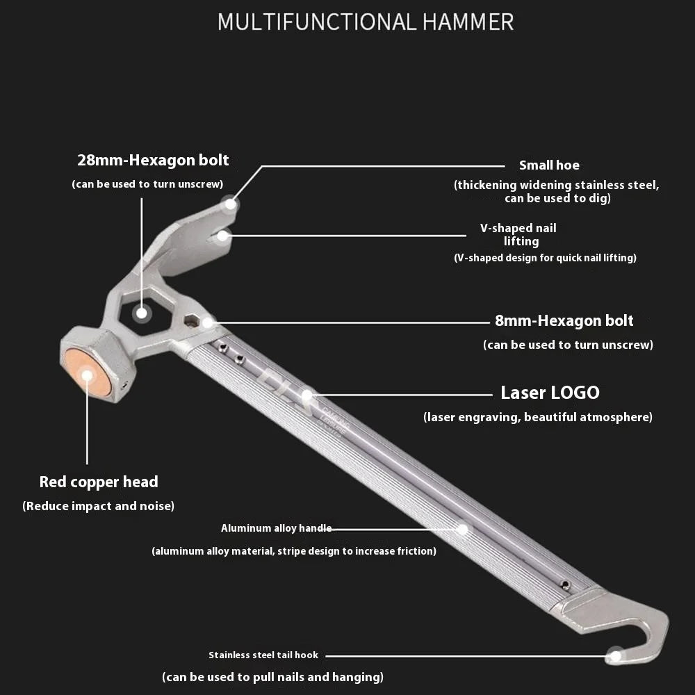 CLS Outdoor Camping Tent Peg Hammer Stainless Steel+Aluminum Alloy Handle Nail Puller - Black - 3