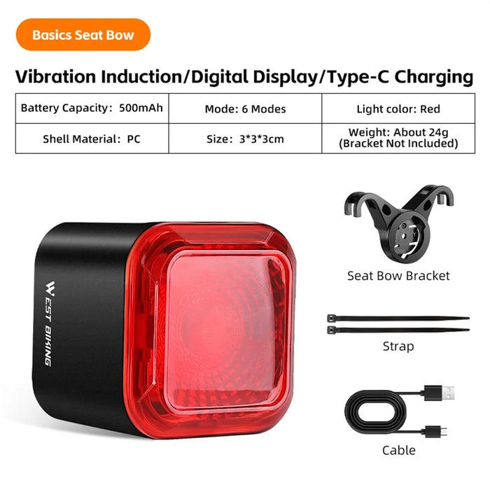 WEST BIKING Smart Bike Tail Light Brake Sensing MTB Road Bicycle Battery Display Rear Light - Seat Bow Mount - 2