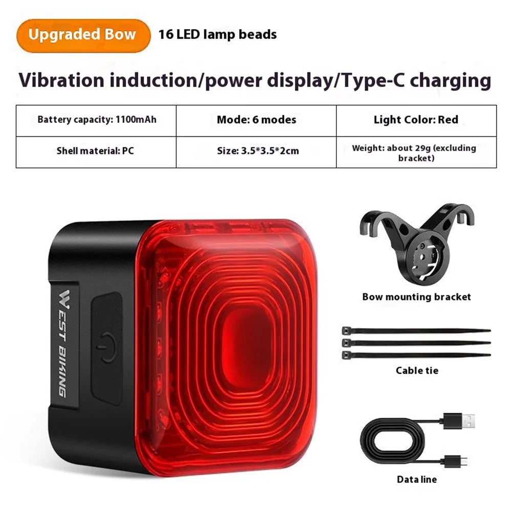 WEST BIKING Bike Smart Tail Light Brake Sensing MTB Road Cycling Battery Display Taillight - Seat Bow Mount - 2