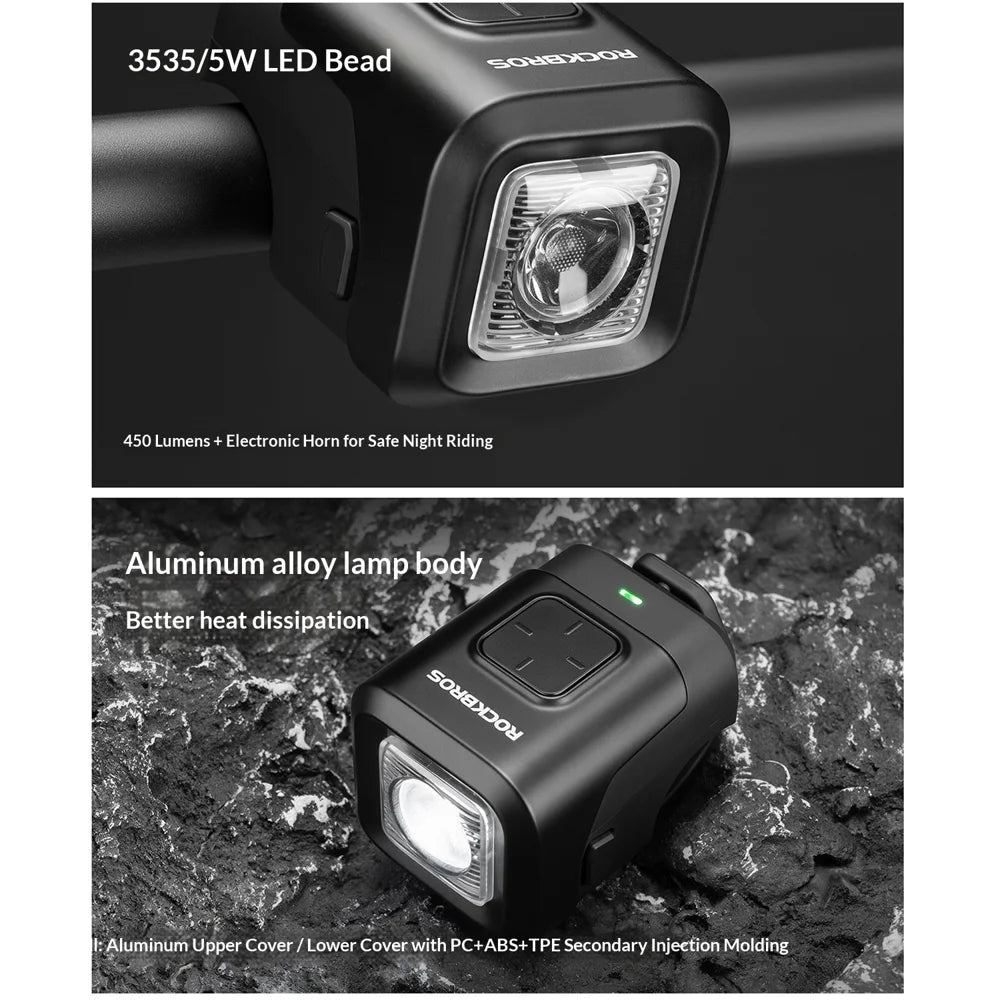 ROCKBROS SKL01 2 in 1 Electric Bike Front Light with Horn 450 Lumens 2300mAh Bicycle Headlight for Night Cycling - Black - 7