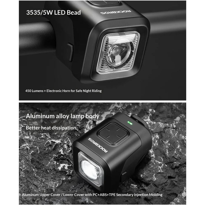 ROCKBROS SKL01 2 in 1 Electric Bike Front Light with Horn 450 Lumens 2300mAh Bicycle Headlight for Night Cycling - Black - 7