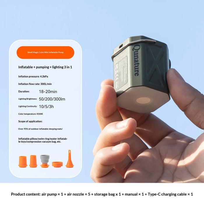 QUNATURE 3 in 1 Mini Electric Air Pump Portable Deflator Built-in 3 Brightness Levels Camping Light with 5 Air Nozzles - Army Green - 2