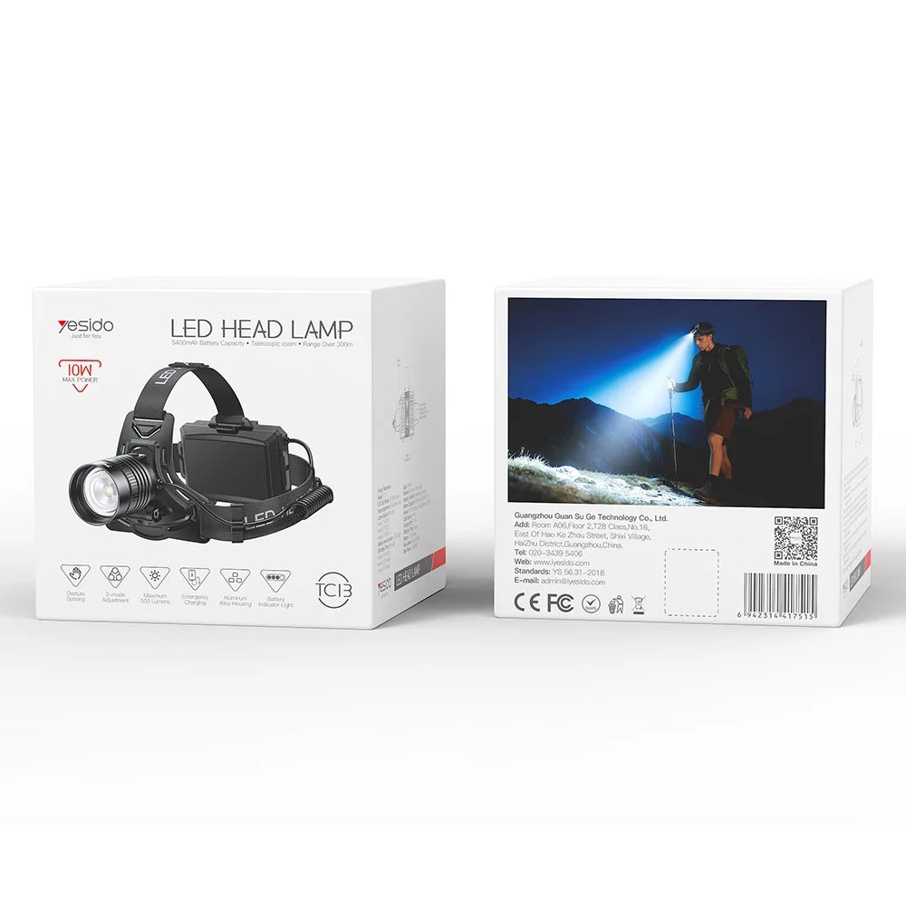 YESIDO TC13 LED Headlamp 500LM Rechargeable Wave Sensor 3 Modes Zoomable Headlight for Outdoor Fishing - 6
