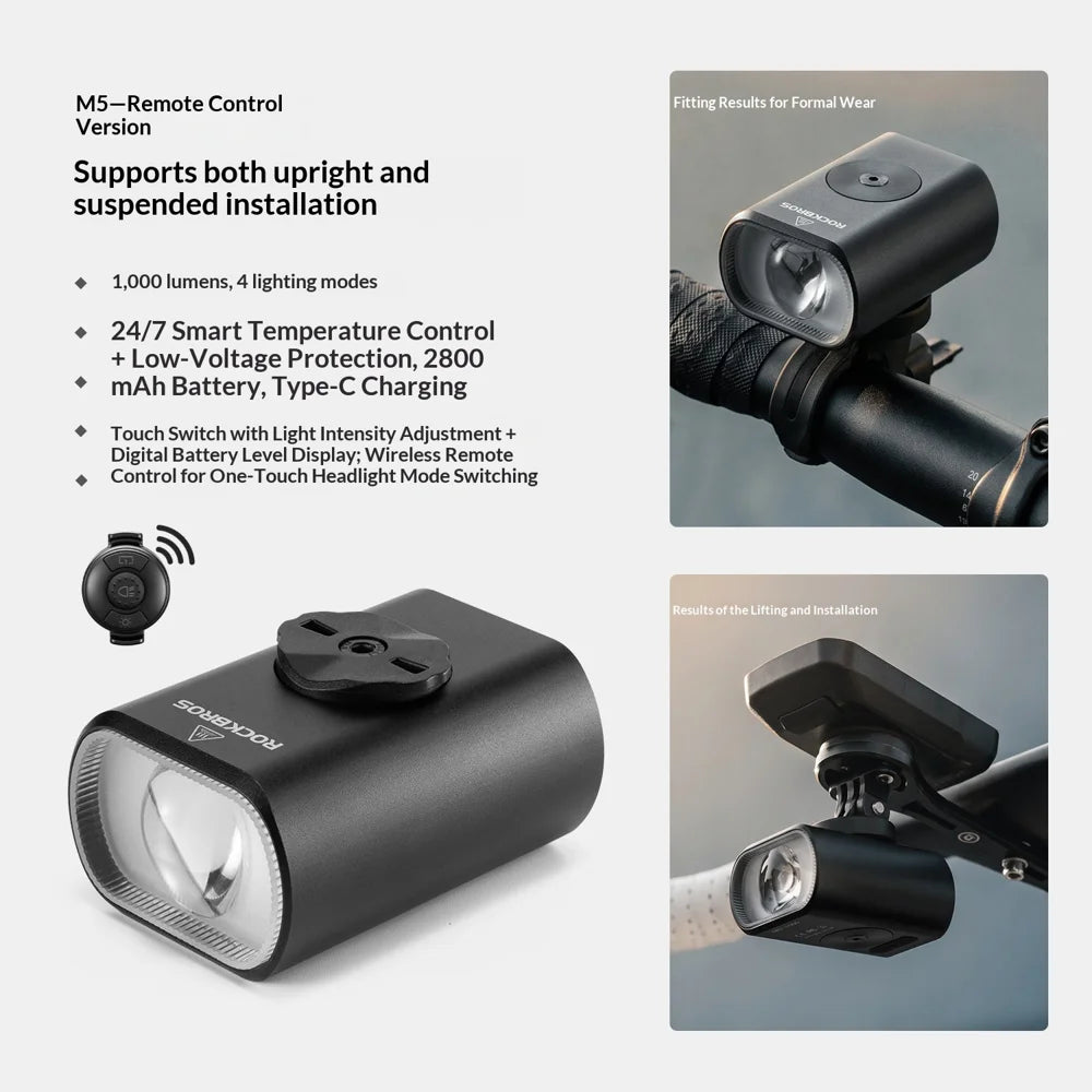 ROCKBROS M5 Bike Light 1000LM Smart Sensor IPX6 Waterproof Remote Control Cycling Front Light - Black - 2