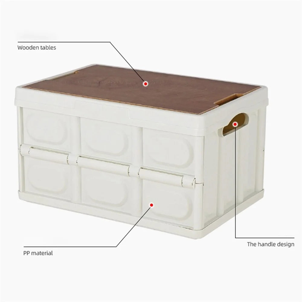 55L Outdoor Camping Wooden Lid Foldable Storage Box Car Food Container Fishing Picnic BBQ Organizer Box, Size L - White - 6