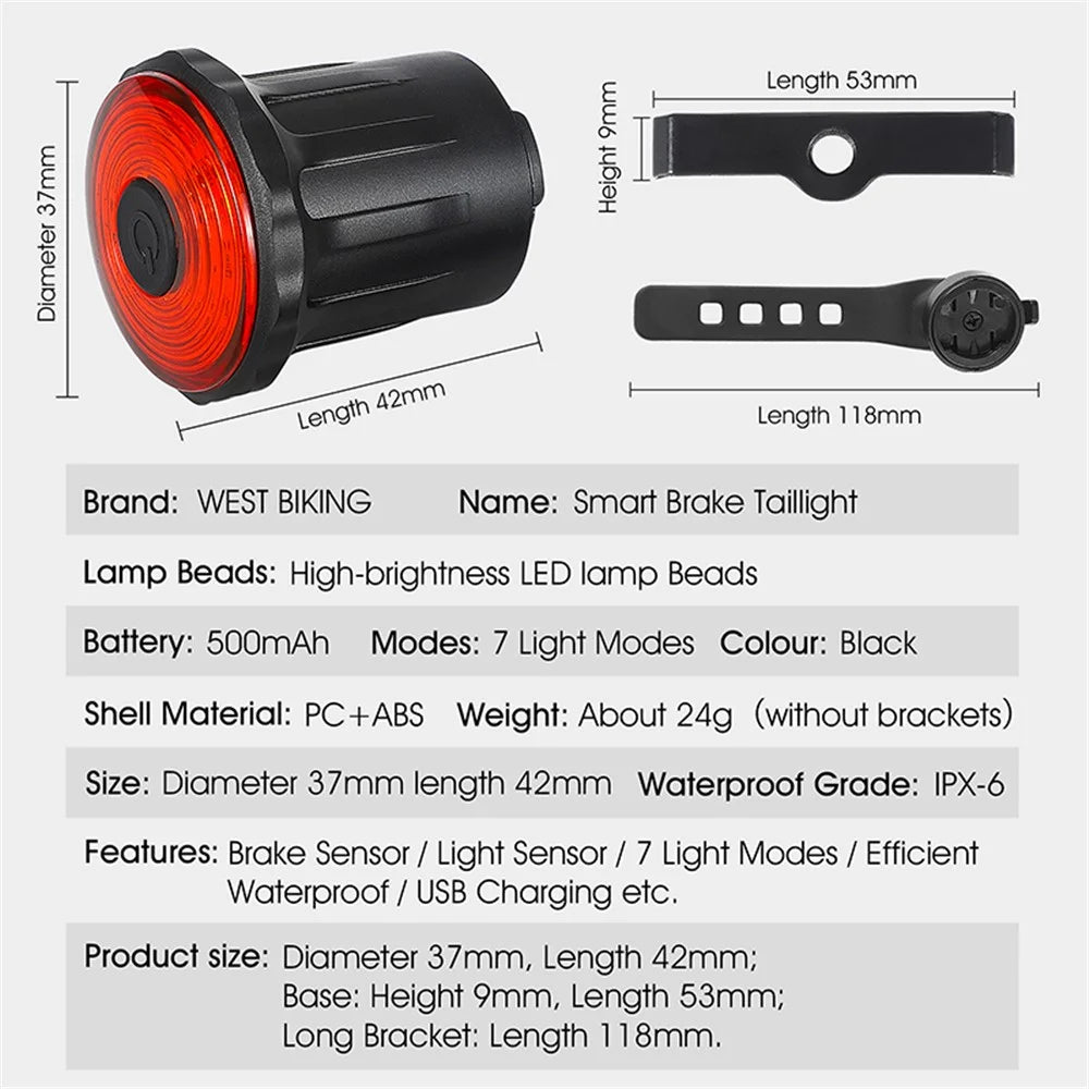 WEST BIKING YP0701317 Seat Cushion / Seat Post Mount USB Charging Bike LED Tail Light Waterproof Smart Brake Induction Cycling Warning Rear Lamp - 7