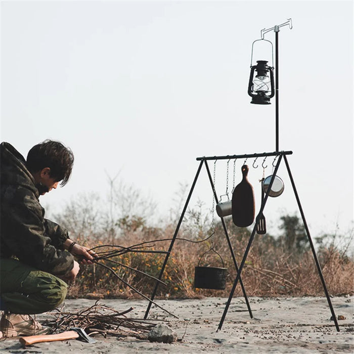 SHINETRIP A352 Aluminum Alloy Campfire Cooking Stand Set with Lamp Hanger Camping Cookware Hooks - Black - 6