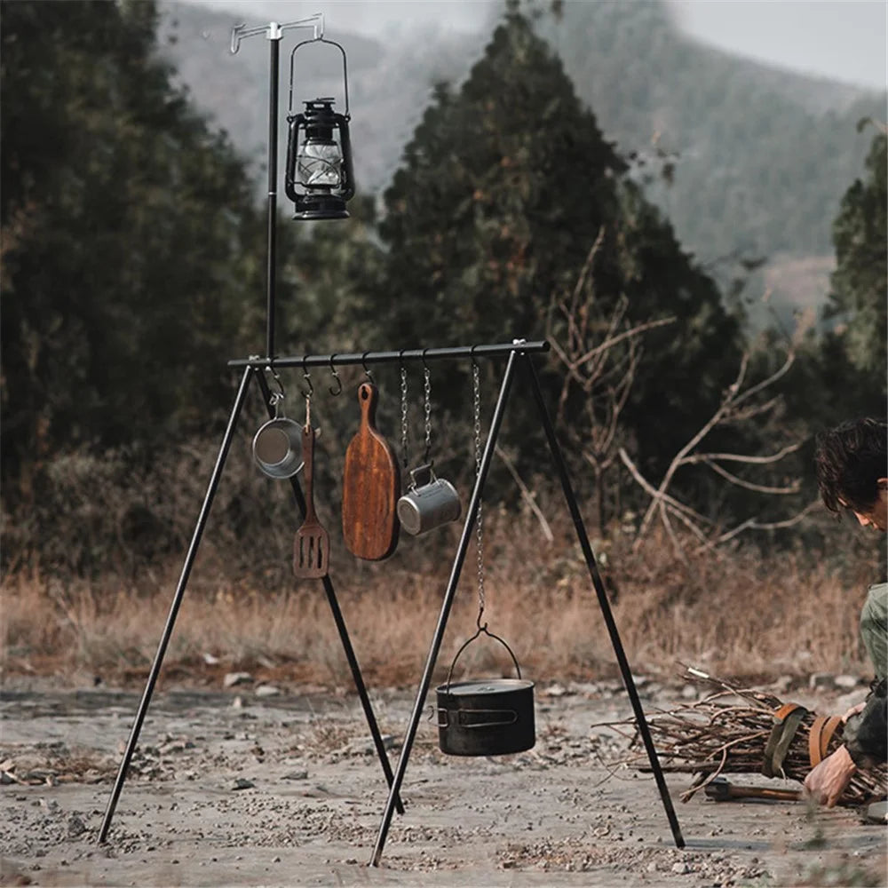 SHINETRIP A352 Aluminum Alloy Campfire Cooking Stand Set with Lamp Hanger Camping Cookware Hooks - Black - 7