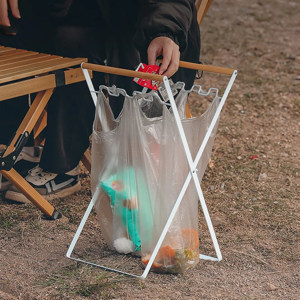 HALIN Iron+Wood Trash Bag Holder Portable Outdoor Waste Bag Hanger Rack Stand for Camping Hiking - White - 3