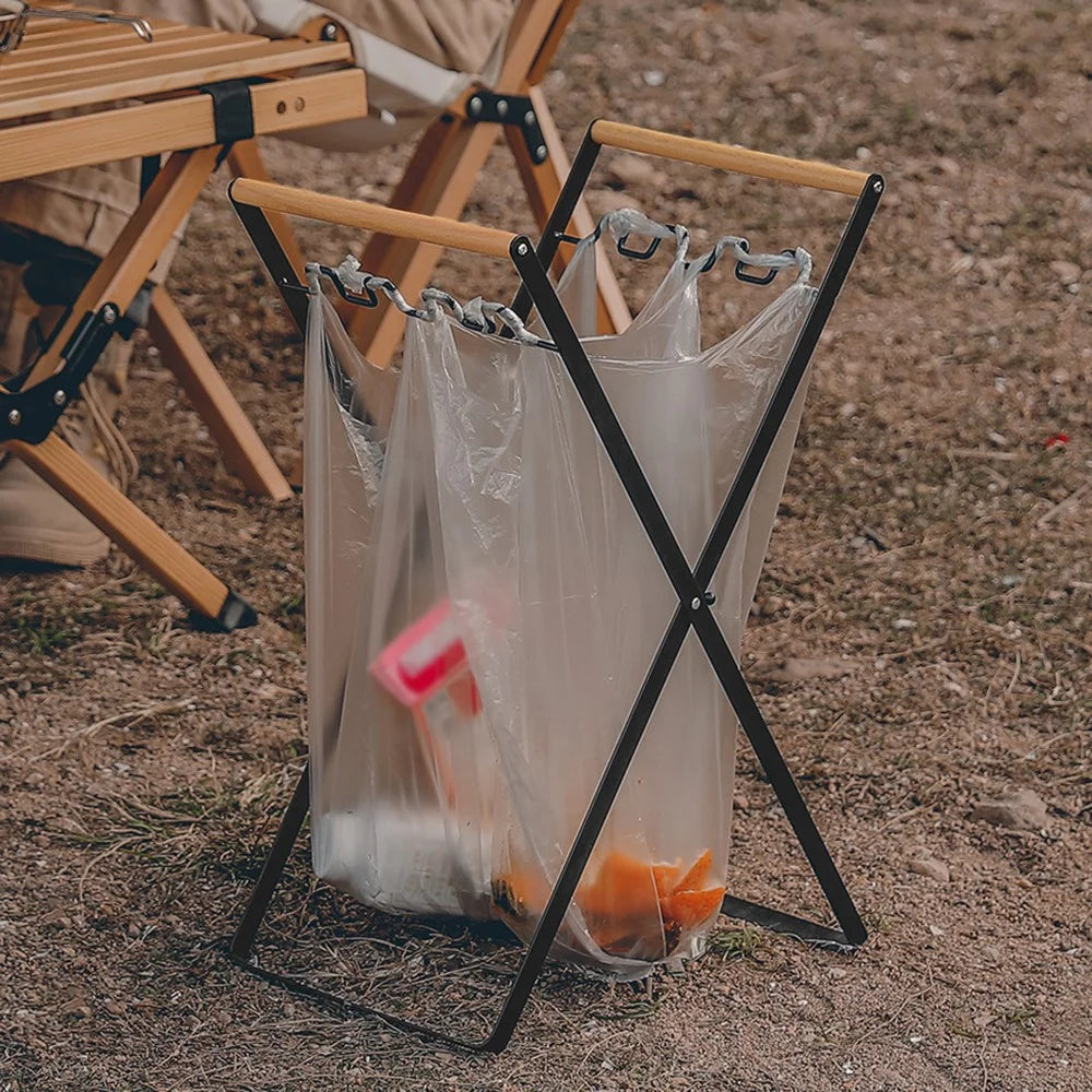 HALIN Iron+Wood Trash Bag Holder Portable Outdoor Waste Bag Hanger Rack Stand for Camping Hiking - White - 4