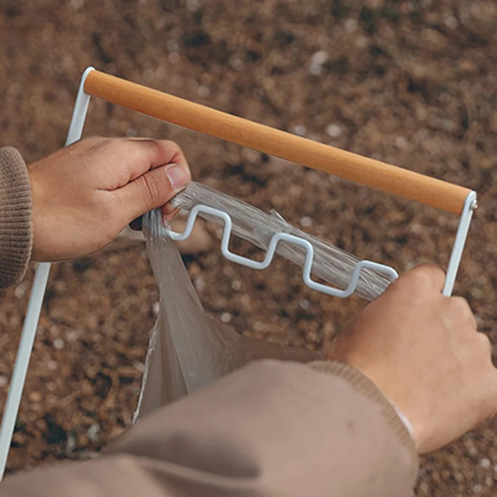 HALIN Iron+Wood Trash Bag Holder Portable Outdoor Waste Bag Hanger Rack Stand for Camping Hiking - White - 5