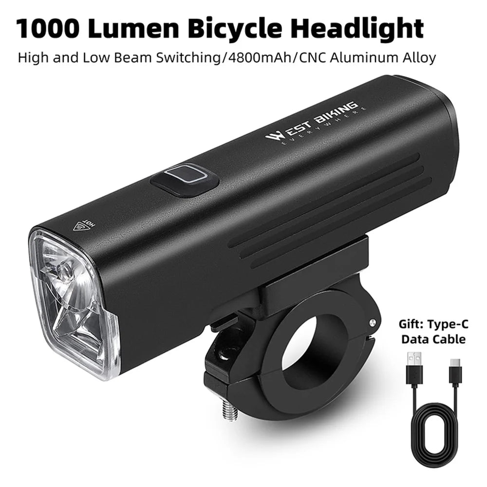 WEST BIKING YB0701387 1000 Lumen Bicycle Headlight Aluminum Alloy USB Rechargeable 7 Light Modes Bike Light (with Bracket) - 2
