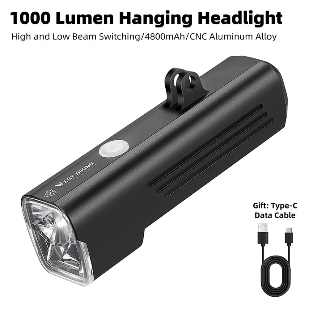 WEST BIKING YB0701388 Rechargeable Bike Hanging Lights 1000 Lumens Super Bright Bicycle Front Headlight (without Bracket) - 2