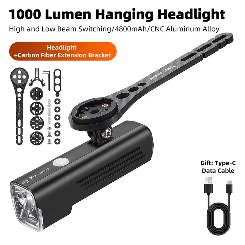 WEST BIKING 1000 Lumens Bicycle Front Headlight Bike Hanging Lights with Carbon Fiber Stopwatch Extension Stand - 2