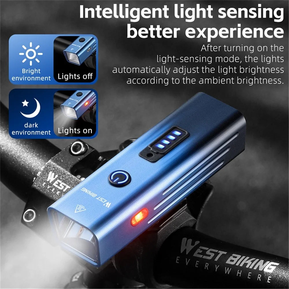 WEST BIKING YP0701416 Bicycle Headlight Aluminum Alloy Intelligent Sensing Headlight Type-C Bike Night Lights for Cycling - Gradient Blue - 2