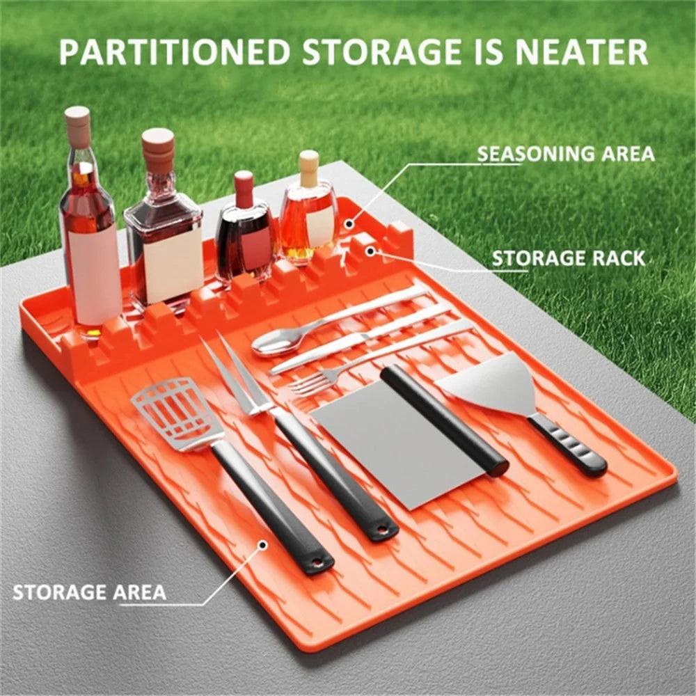 Camping BBQ Tools Silicone Mat Barbecue Grill Utensil Holder Mat - Orange - 3