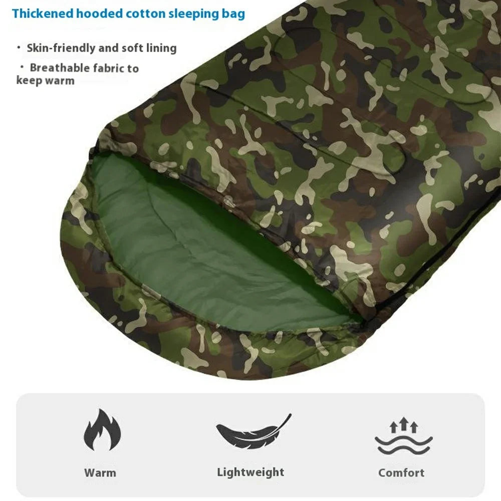Envelope Sleeping Bag Outdoor Camping Hooded Adult Hollow Cotton Warm Sleep Bag, 0.7KG / 10-30 Degrees Celsius - Jungle Camouflage - 2