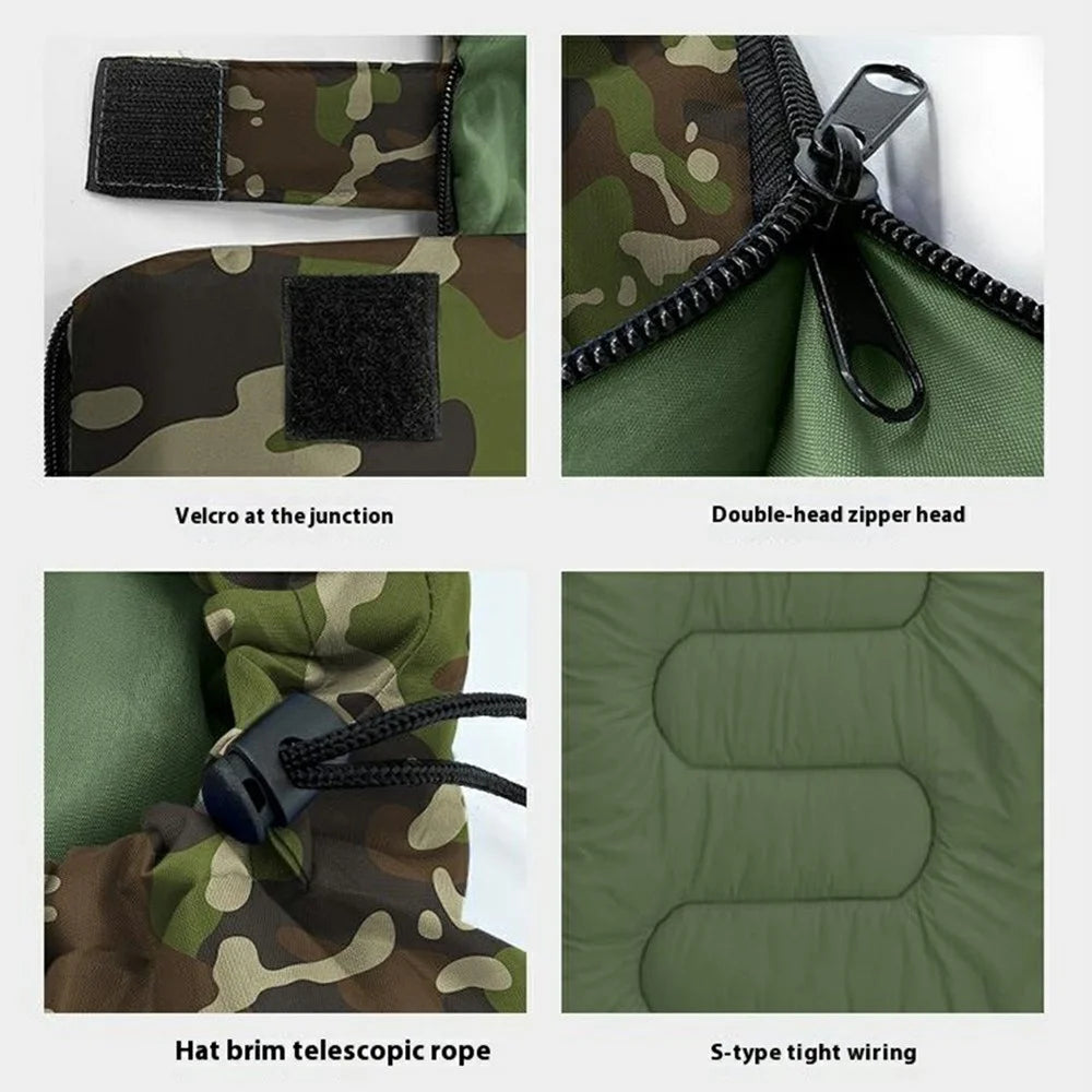 Envelope Sleeping Bag Outdoor Camping Hooded Adult Hollow Cotton Warm Sleep Bag, 0.7KG / 10-30 Degrees Celsius - Jungle Camouflage - 6