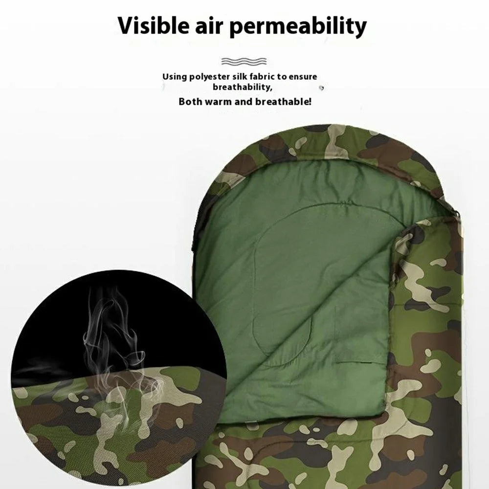 Envelope Sleeping Bag Outdoor Camping Hooded Adult Hollow Cotton Warm Sleep Bag, 0.95KG / 5-25 Degrees Celsius - Jungle Camouflage - 4