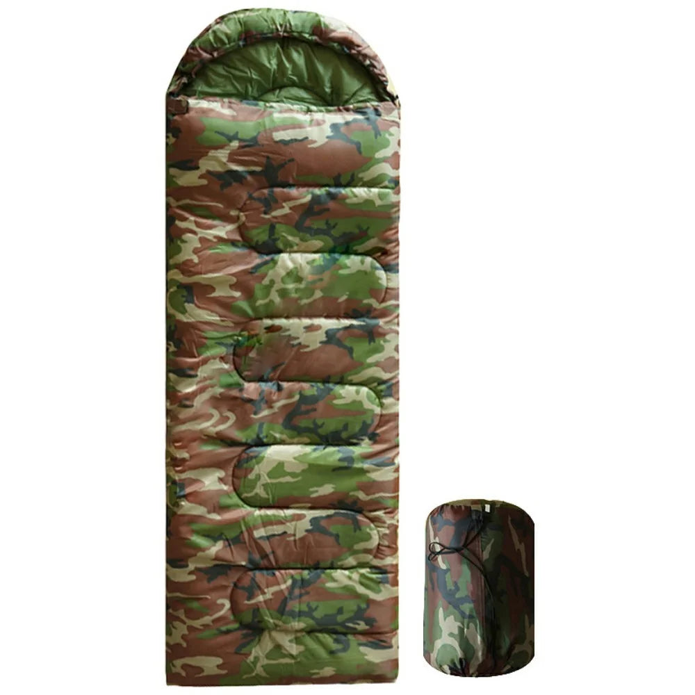Envelope Sleeping Bag Outdoor Camping Hooded Adult Hollow Cotton Warm Sleep Bag, 1.3KG / 0-20 Degrees Celsius - Jungle Camouflage - 1