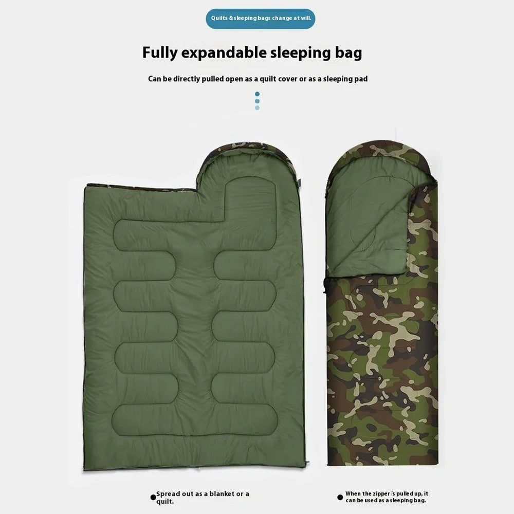 Envelope Sleeping Bag Outdoor Camping Hooded Adult Hollow Cotton Warm Sleep Bag, 1.8KG / -5~15 Degrees Celsius - Jungle Camouflage - 5