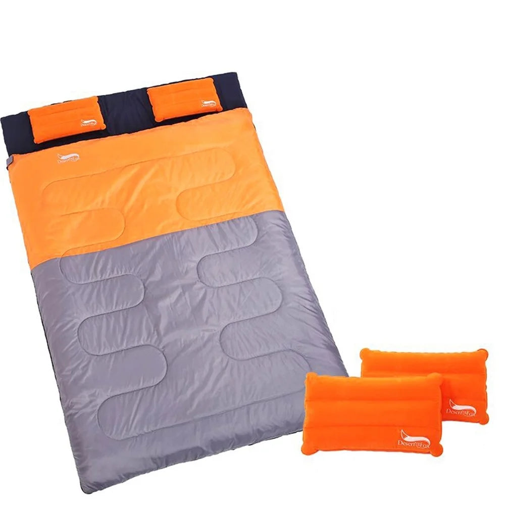 DESERT&FOX Double Sleeping Bag 2 Person Outdoor Camping Hiking Thick Sleeping Bag with 2 Pillows - Orange/Grey - 1
