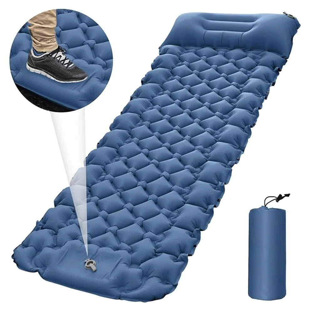 Camping Sleeping Pad Waterproof Mat Inflatable Sleeping Mattress Folding Single Bed with Air Pillow - Blue - 1