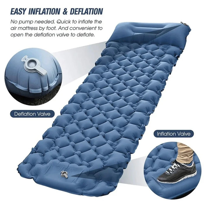 Camping Sleeping Pad Waterproof Mat Inflatable Sleeping Mattress Folding Single Bed with Air Pillow - Blue - 2