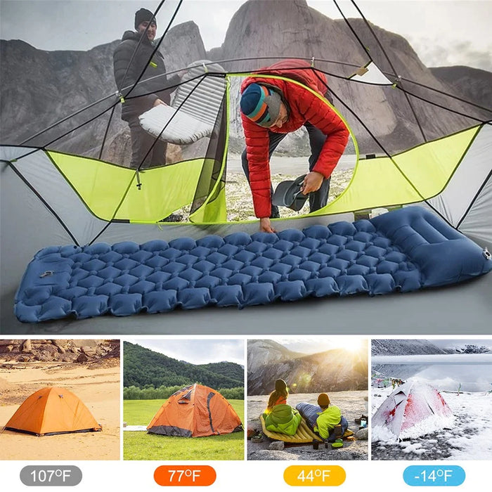 Camping Sleeping Pad Waterproof Mat Inflatable Sleeping Mattress Folding Single Bed with Air Pillow - Blue - 5