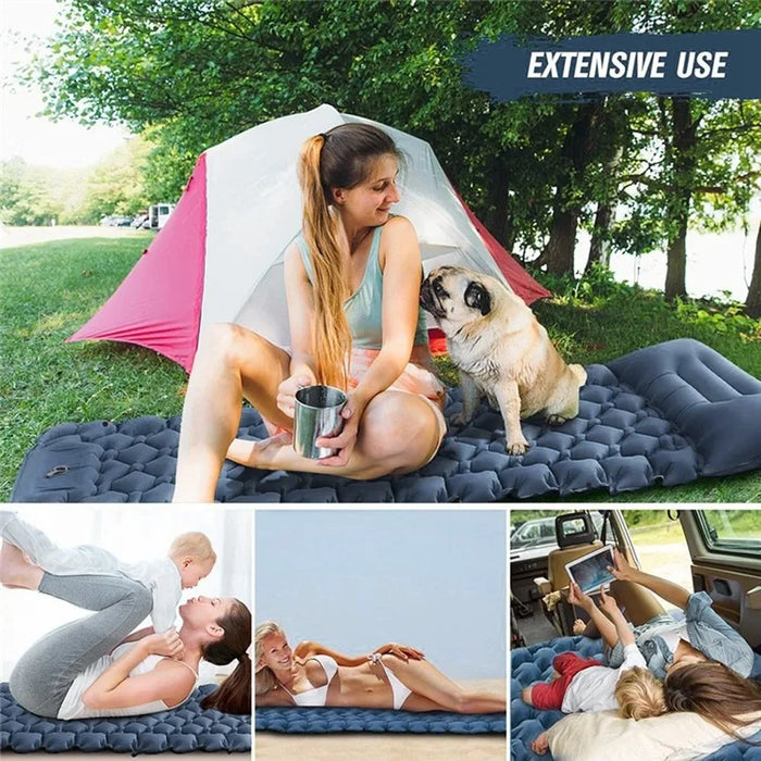 Camping Sleeping Pad Waterproof Mat Inflatable Sleeping Mattress Folding Single Bed with Air Pillow - Blue - 7