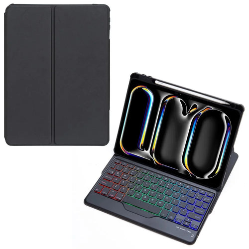 L13-BS For iPad Pro 11 (2024) PU+Acrylic Tablet Rotary Stand Cover with Backlit Bluetooth-compatible Keyboard - Black - 1