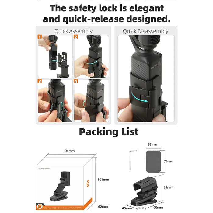 SUNNYLIFE MJ951 For DJI Osmo Pocket 3 Camera Rotatable Magnetic Backpack Clip Alligator Clamp - 7