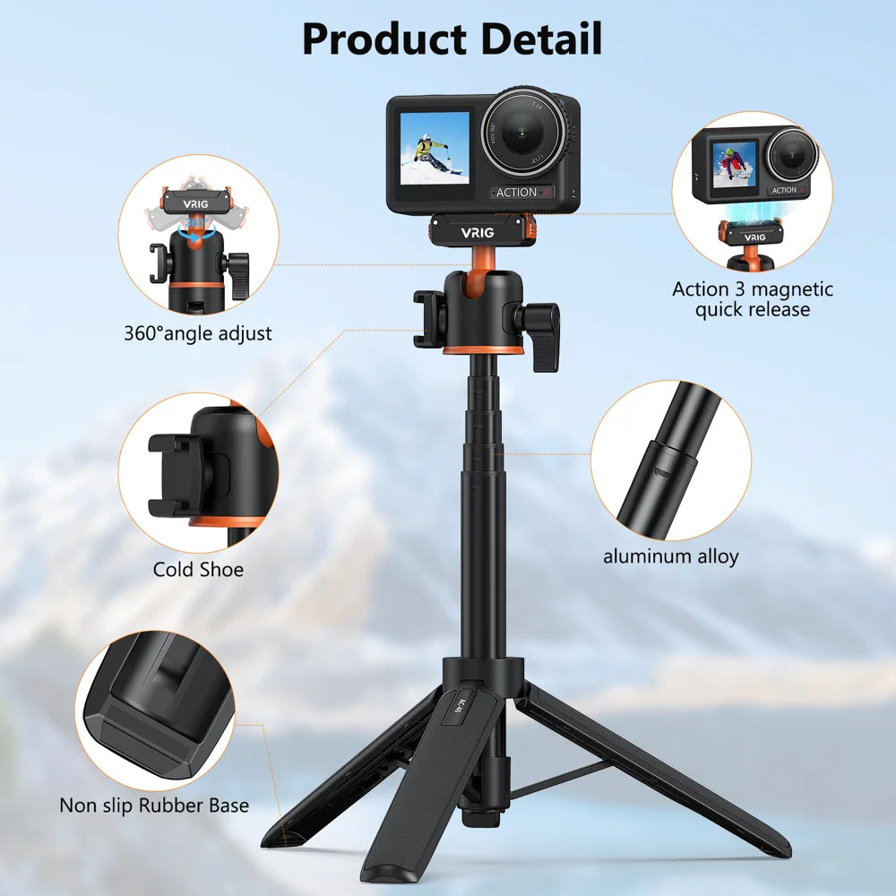 VRIG AC-40 Magnetic Quick Release Selfie Stick for DJI Osmo Action 5 Pro/4/3 Camera 4-Section Extendable Tripod - 4