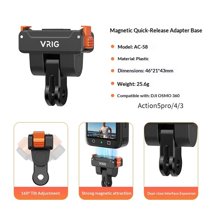 VRIG AC-58 Magnetic Quick Release Adapter for DJI Osmo 360/Action 5 Pro/4/3 Action Camera Mount Base - 6
