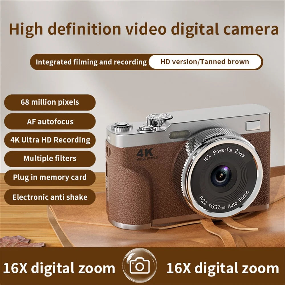68MP 4K HD Digital Camera 16X Optical Zoom 2.8 Inch IPS Screen AF Auto Focus Camera No Memory Card - Coffee - 3