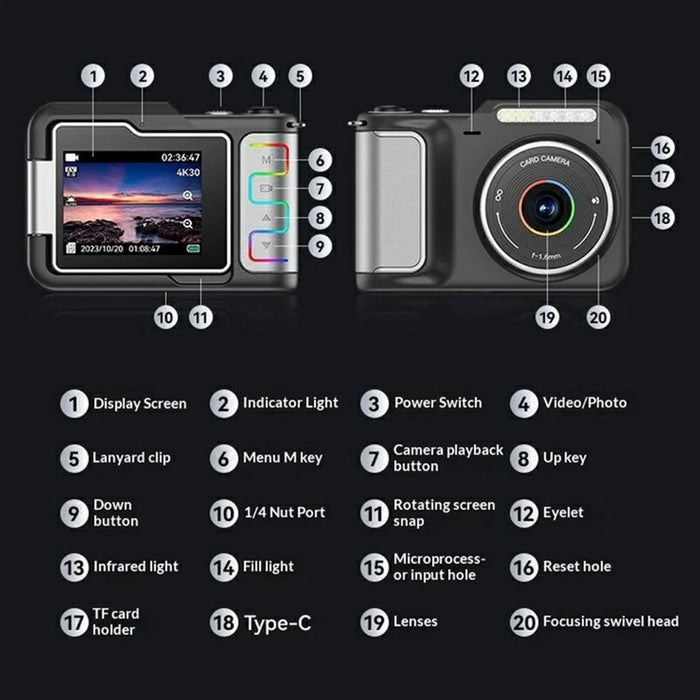 M30 4K Dual Lens Time-Lapse Digital Camera Self-Portrait Vlog Video Mini Camera (without Memory Card) - Black - 7
