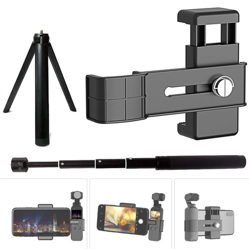 AGDY32 Portable Shooting Accessory PC Phone Clip + Camera Holder + Aluminum Alloy Tripod + Selfie Stick Extension with 1/4 Interface for DJI Osmo Pocket 1/2 - 1