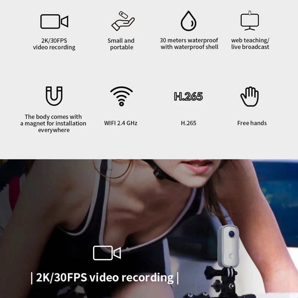 SJCAM C100+ Digital Camera 2K HD 30m Waterproof Thumb Action Camera Motorcycle Ride Recorder Webcam for Riding Cycling - Black - 2