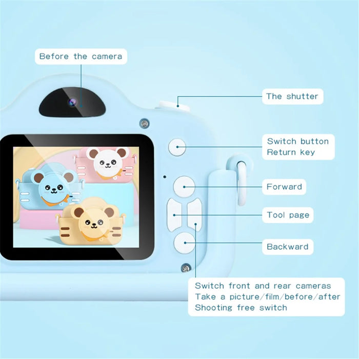 A3X 2.0" IPS Screen 1080P Mini Digital Camera Cartoon Dual Lens Camera Early Education Toy Birthday Gift - Blue - 3