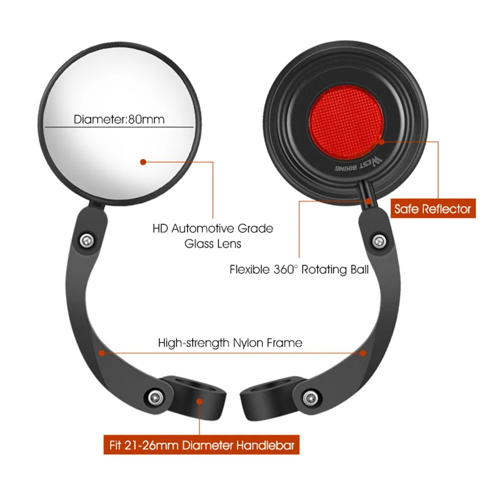 WEST BIKING YP0720034 1Pc Cycling 360 Degree Rotating Wide Angle HD Rearview Mirror MTB Road Bicycle Long Arm Handlebar Mirror with Warning Reflector - 5