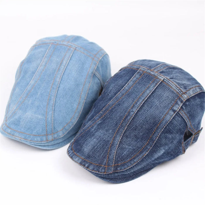 Retro Casual Denim Cap Men Women Adjustable Breathable Washed Cap Beret Hat - Diagonal Stripe Dark Blue - 5