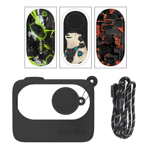 SUNNYLIFE IST-BHT595 4Pcs / Set Silicone Cover + Lens Cap + Sticker + Lanyard for Insta360 GO 3 Charging Case - Black - 1