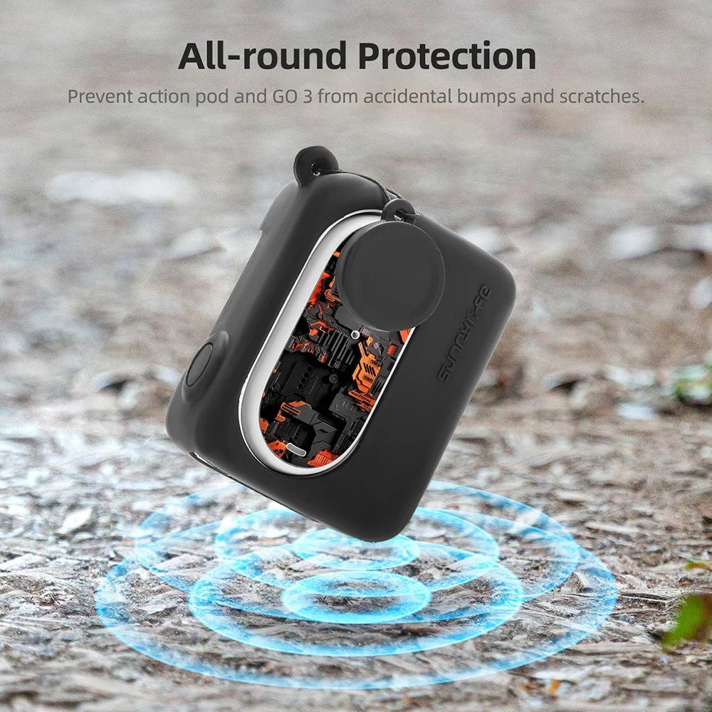 SUNNYLIFE IST-BHT595 4Pcs / Set Silicone Cover + Lens Cap + Sticker + Lanyard for Insta360 GO 3 Charging Case - Black - 4